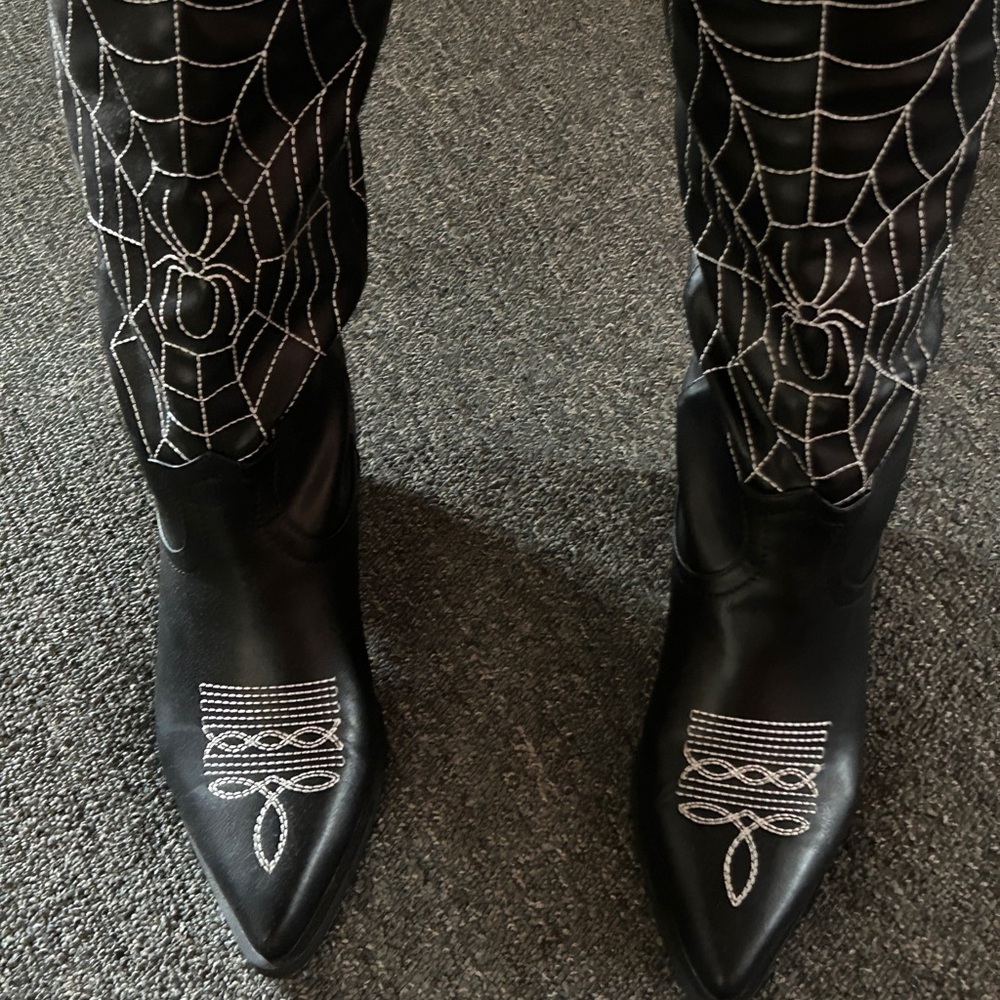 Black Embroidered Spider Web Mid-Calf Cowboy Boots - Picture 2 of 7